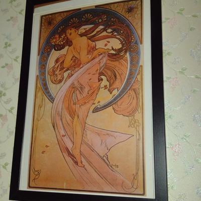 "Dance" by Alphonse Mucha Art Nouveau Style Print- Framed Under Glass- Approx 13 1/2" x 19 1/2" (K)