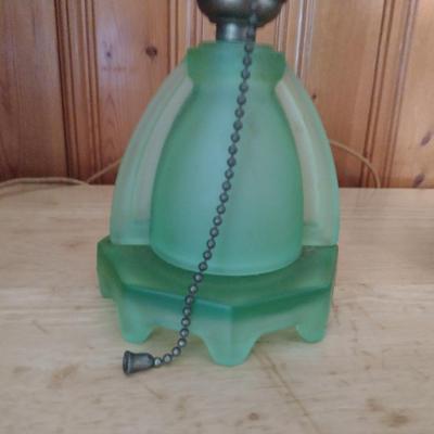 Pair of Uranium Glass Table Top Lamps with Shades (K)