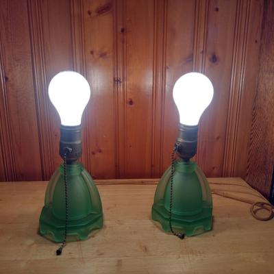 Pair of Uranium Glass Table Top Lamps with Shades (K)