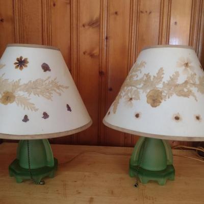 Pair of Uranium Glass Table Top Lamps with Shades (K)