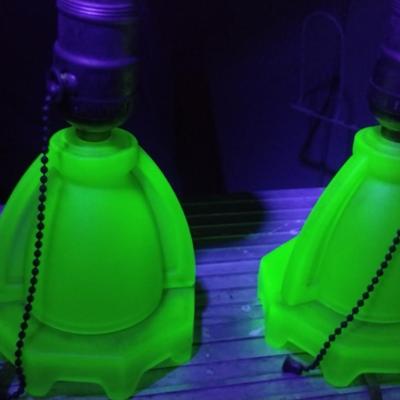 Pair of Uranium Glass Table Top Lamps with Shades (K)