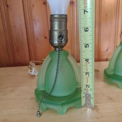 Pair of Uranium Glass Table Top Lamps with Shades (K)