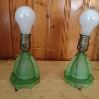 Pair of Uranium Glass Table Top Lamps with Shades (K)