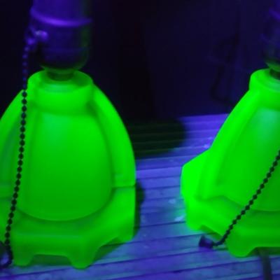 Pair of Uranium Glass Table Top Lamps with Shades (K)