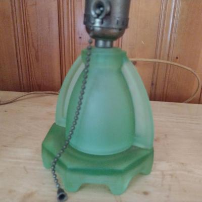 Pair of Uranium Glass Table Top Lamps with Shades (K)