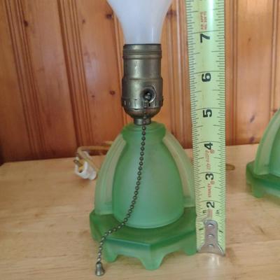 Pair of Uranium Glass Table Top Lamps with Shades (K)