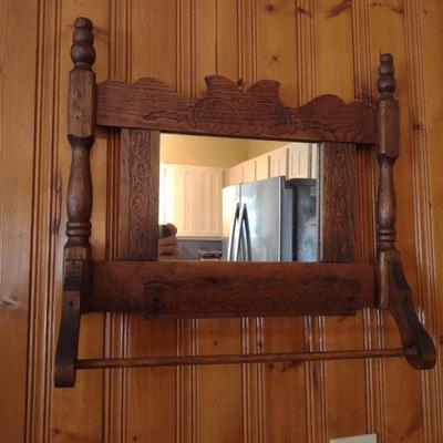 Antique Oak Frame Wall/Shaving Mirror with Towel Rack- Approx 17" x 17" (K)
