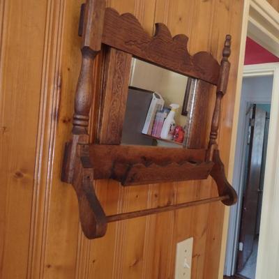 Antique Oak Frame Wall/Shaving Mirror with Towel Rack- Approx 17" x 17" (K)