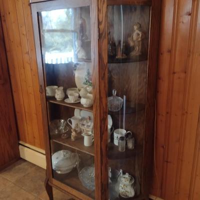 Antique Oak Wood and Glass Bow Front Curio Cabinet- Approx 35 1/4" x 12 3/4" x 63 1/2" Tall (K)