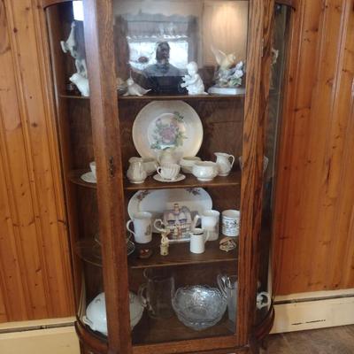 Antique Oak Wood and Glass Bow Front Curio Cabinet- Approx 35 1/4" x 12 3/4" x 63 1/2" Tall (K)