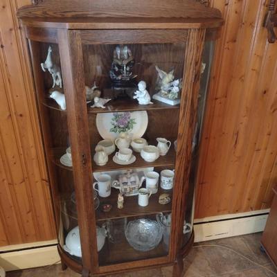 Antique Oak Wood and Glass Bow Front Curio Cabinet- Approx 35 1/4" x 12 3/4" x 63 1/2" Tall (K)