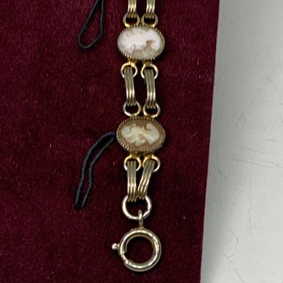 Lot 302: Collection of Vintage Cameos - 3” Pendant on a 24” Chain, 7. 1/2” Bracelet and a 2” Mother of Pearl Clip