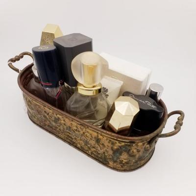 Lot of 14 Vintage Perfume Bottles, Parfum Box, Body Bath Copper? Brass? Tray Ungaro Givenchy Avon Oscar De La Renta Gucci Cachet...