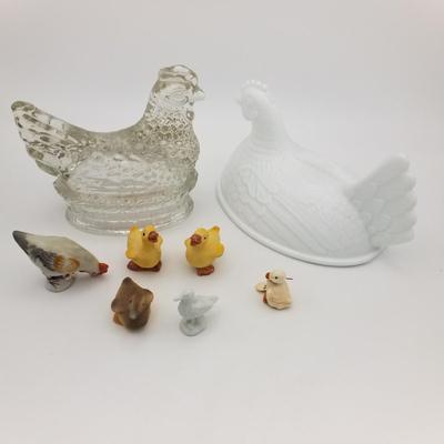 Lot of 8 Vintage Glass / Ceramic Chicken Hen Rooster Duck Bird Lids Figurines Made In Japan Sample 19th 20th Century Painted Folk Art...