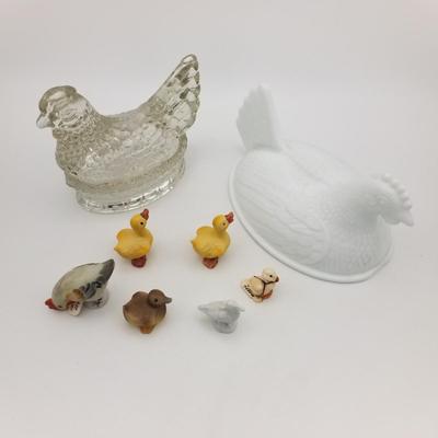 Lot of 8 Vintage Glass / Ceramic Chicken Hen Rooster Duck Bird Lids Figurines Made In Japan Sample 19th 20th Century Painted Folk Art...