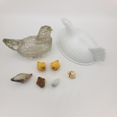 Lot of 8 Vintage Glass / Ceramic Chicken Hen Rooster Duck Bird Lids Figurines Made In Japan Sample 19th 20th Century Painted Folk Art...