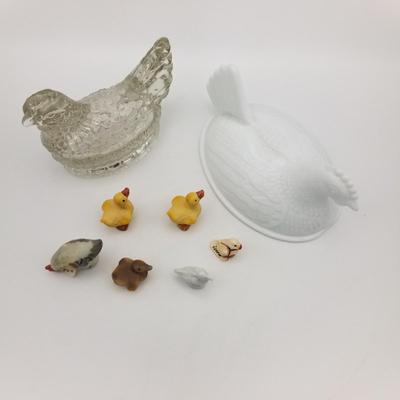 Lot of 8 Vintage Glass / Ceramic Chicken Hen Rooster Duck Bird Lids Figurines Made In Japan Sample 19th 20th Century Painted Folk Art...