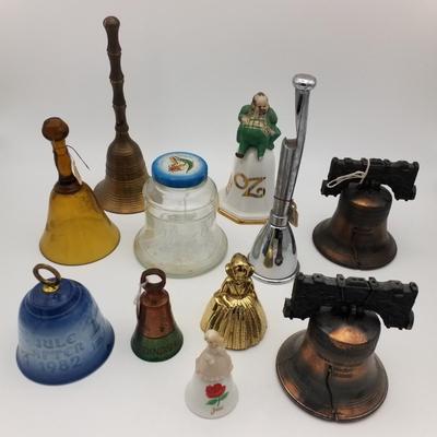 Lot of 11 Vintage Bells, Complete and For Parts: Wizard of Oz Ceramic Solid Brass Glass Jar Metal Liberty Bells Lady Depression Glass...