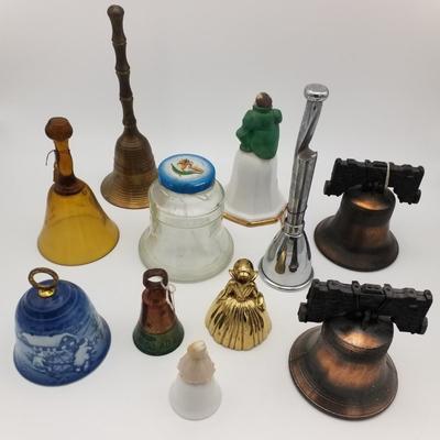 Lot of 11 Vintage Bells, Complete and For Parts: Wizard of Oz Ceramic Solid Brass Glass Jar Metal Liberty Bells Lady Depression Glass...
