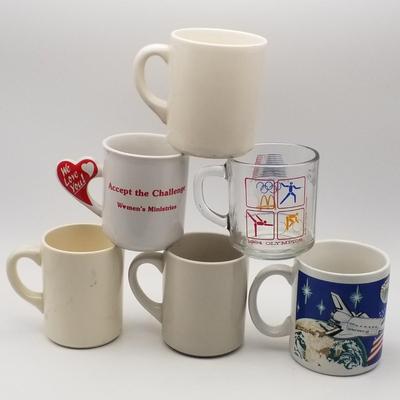 Set of 6 Vintage Mugs Roadway USA McDonald's 1984 Olympics Austin Car Andy Made In England Gary NASA Kennedy Spaceport Space Center...