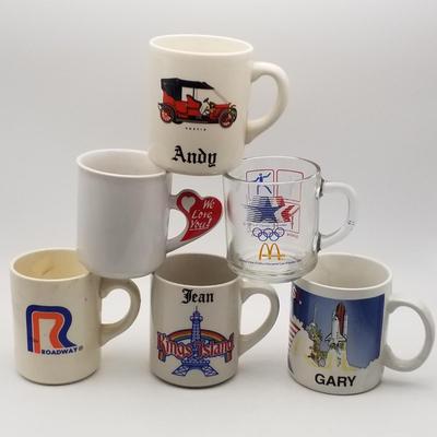 Set of 6 Vintage Mugs Roadway USA McDonald's 1984 Olympics Austin Car Andy Made In England Gary NASA Kennedy Spaceport Space Center...
