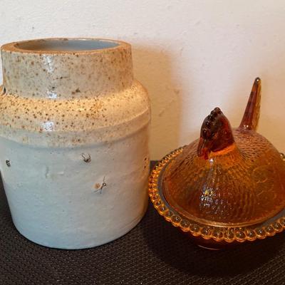 Amber glass hen & stoneware