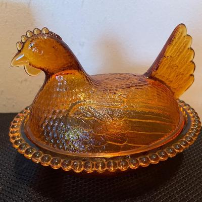 Amber glass hen & stoneware