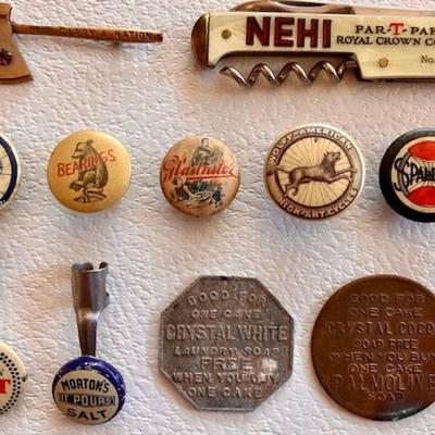 Lot Of Eleven Advertising Items: Pins, Tokens, Knife
