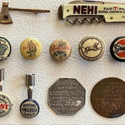 Lot Of Eleven Advertising Items: Pins, Tokens, Knife