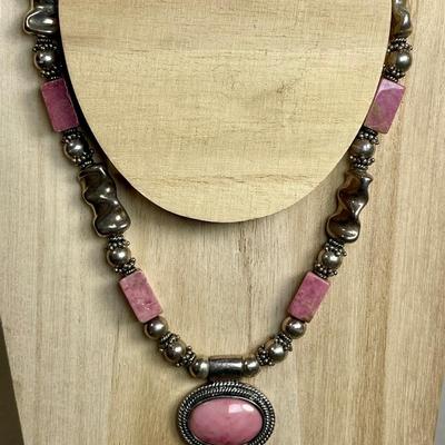 Sterling Silver Chunky Rhodonite Pendant Necklace