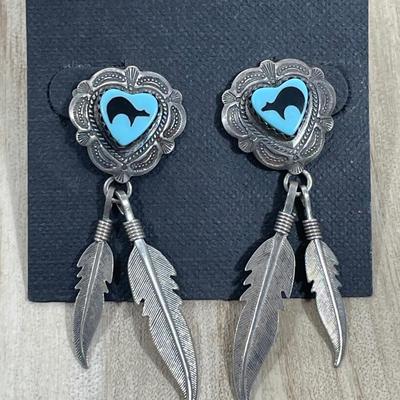 Navajo Turquoise Fetish Bear Heart Concho Sterling Feather Earrings