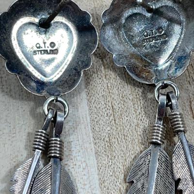 Navajo Turquoise Fetish Bear Heart Concho Sterling Feather Earrings