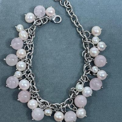 Rose Quartz and Pearl Sterling Silver Bracelet