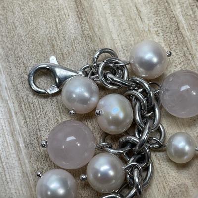 Rose Quartz and Pearl Sterling Silver Bracelet
