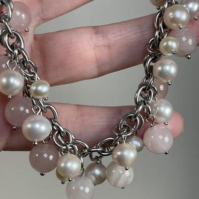 Rose Quartz and Pearl Sterling Silver Bracelet