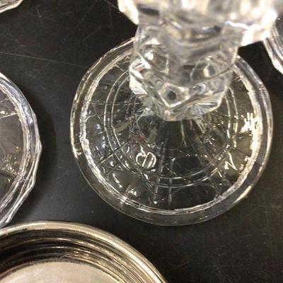 5 Lead Crystal Glass Candle Holders and Mercury Round Tray