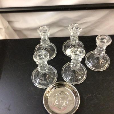 5 Lead Crystal Glass Candle Holders and Mercury Round Tray
