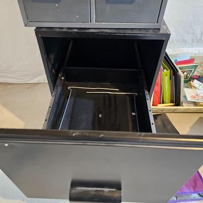 Large amount of Office supplies - small file cabinet - metal storage box - and small office tools