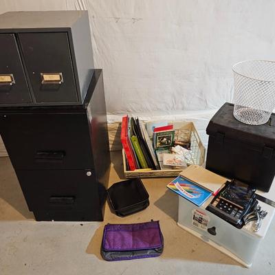 Large amount of Office supplies - small file cabinet - metal storage box - and small office tools