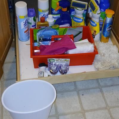 Variety of household cleaners - full to partially full bottles