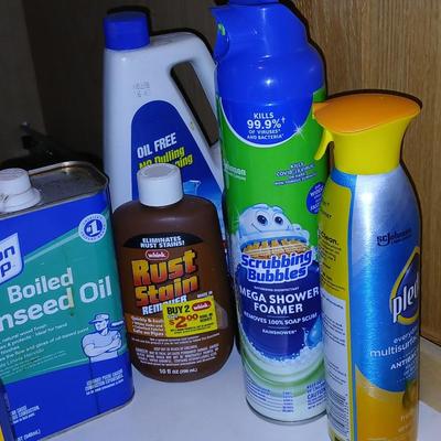 Variety of household cleaners - full to partially full bottles