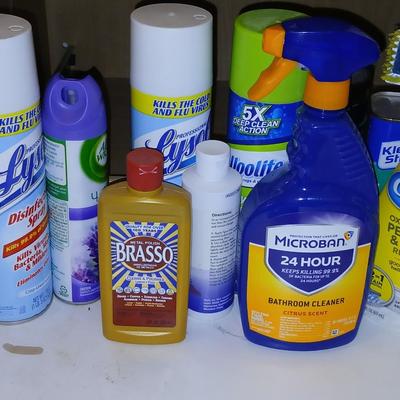 Variety of household cleaners - full to partially full bottles