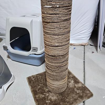 Cat scratching post, covered litter box, auto feed and water bowls