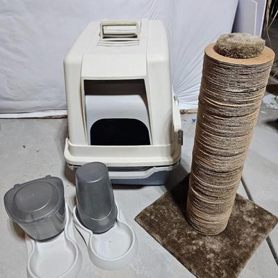 Cat scratching post, covered litter box, auto feed and water bowls