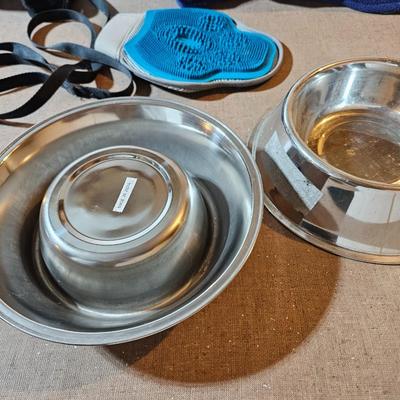 Small animal items - small coat - stainles water & food bowls - leash with harness and a grooming glove