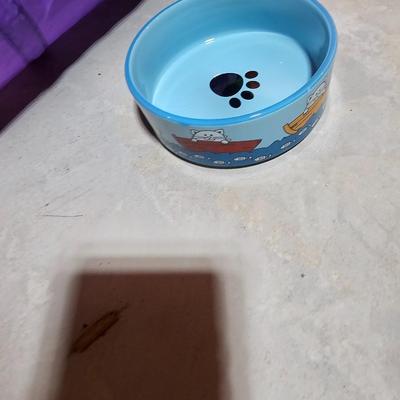 Cat play tunnel and a cat bed with ceramic food bowl