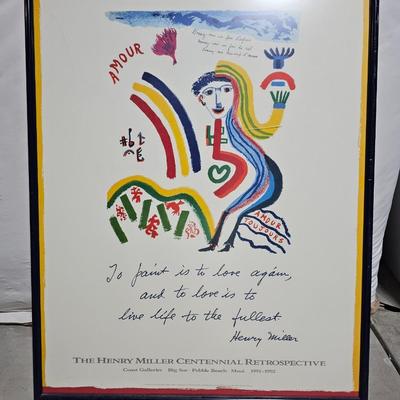 Framed poster The Henry Miller Centennial Retrospective To paint is to love again, and to love is to live life to the fullest.