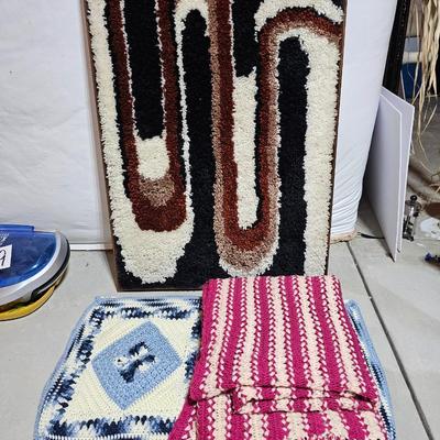 Framed Latch hook rug with two vintage afghans