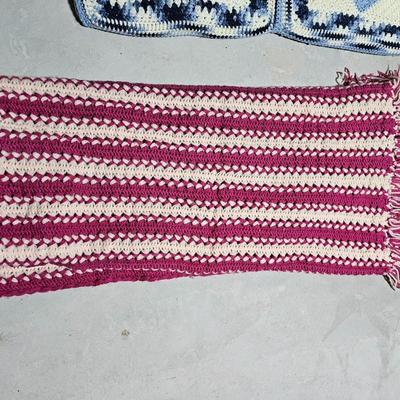 Framed Latch hook rug with two vintage afghans