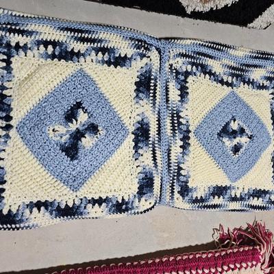 Framed Latch hook rug with two vintage afghans